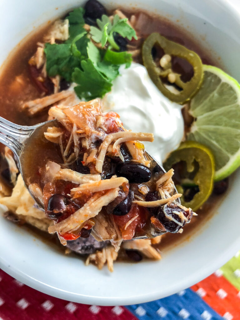 Chicken tortilla soup in a spoon