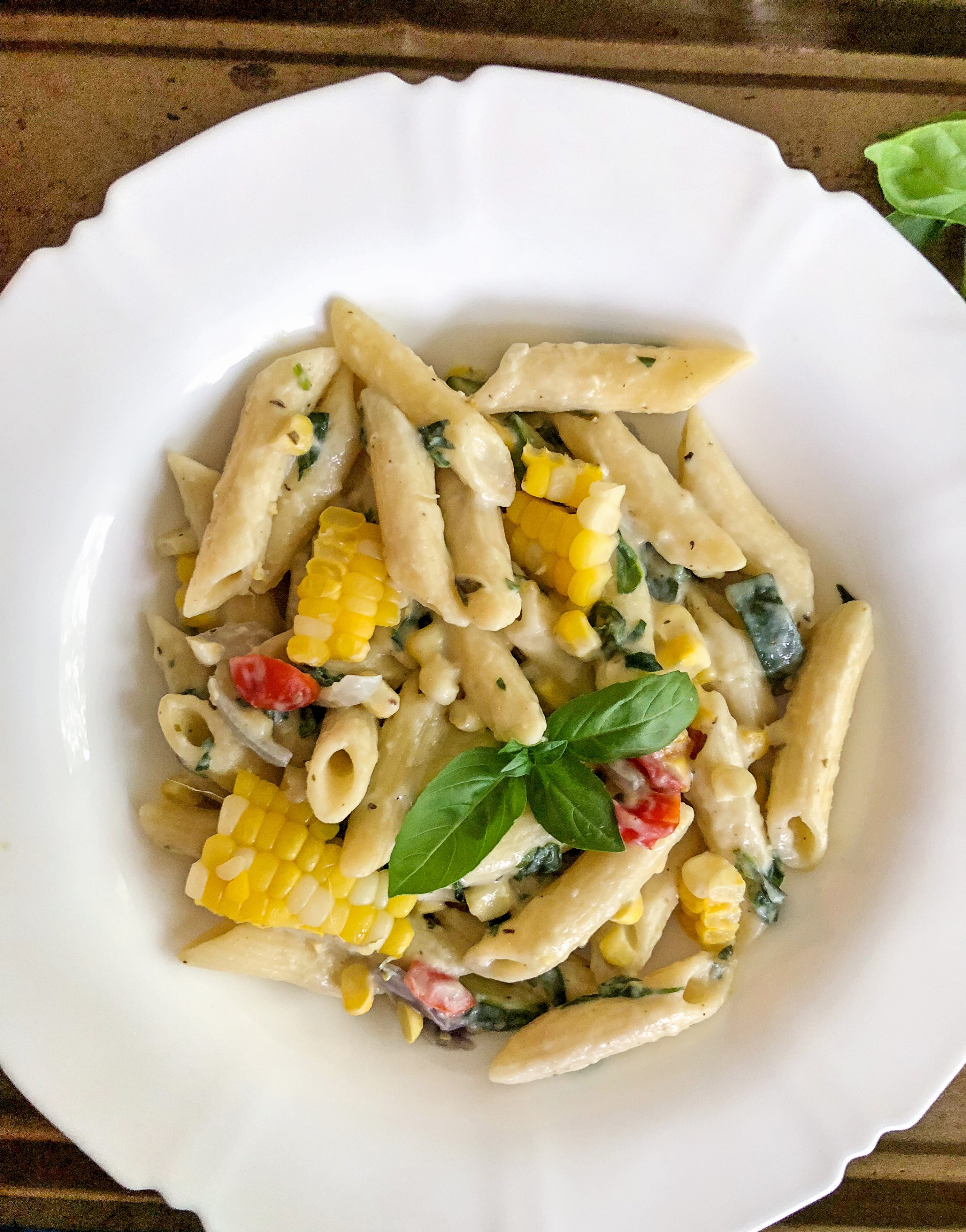 Summer Alfredo Pasta with corn, zucchini and whole wheat pasta