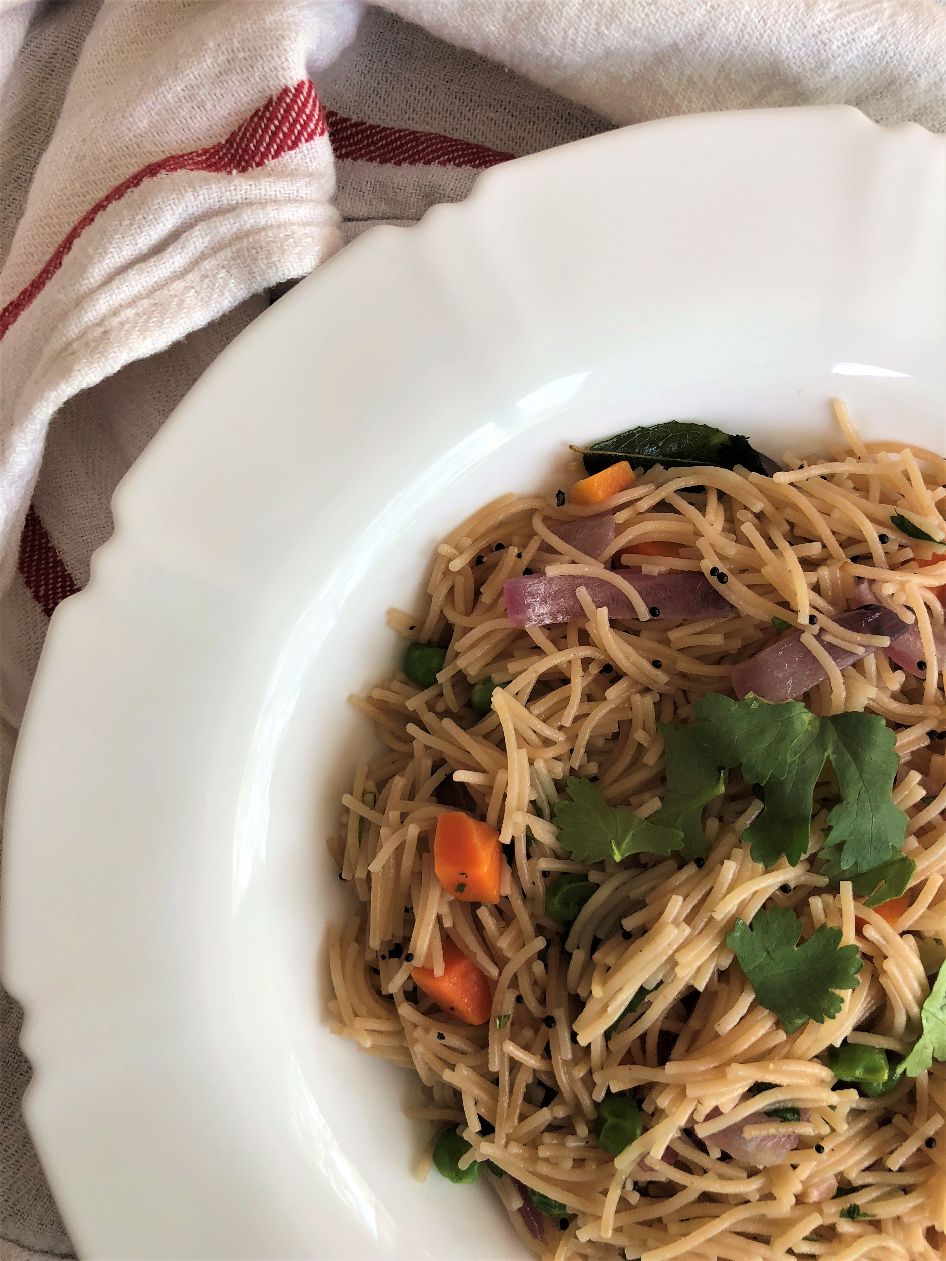Namkeen Sewiyan or savory whole wheat vermicelli with carrots and peas
