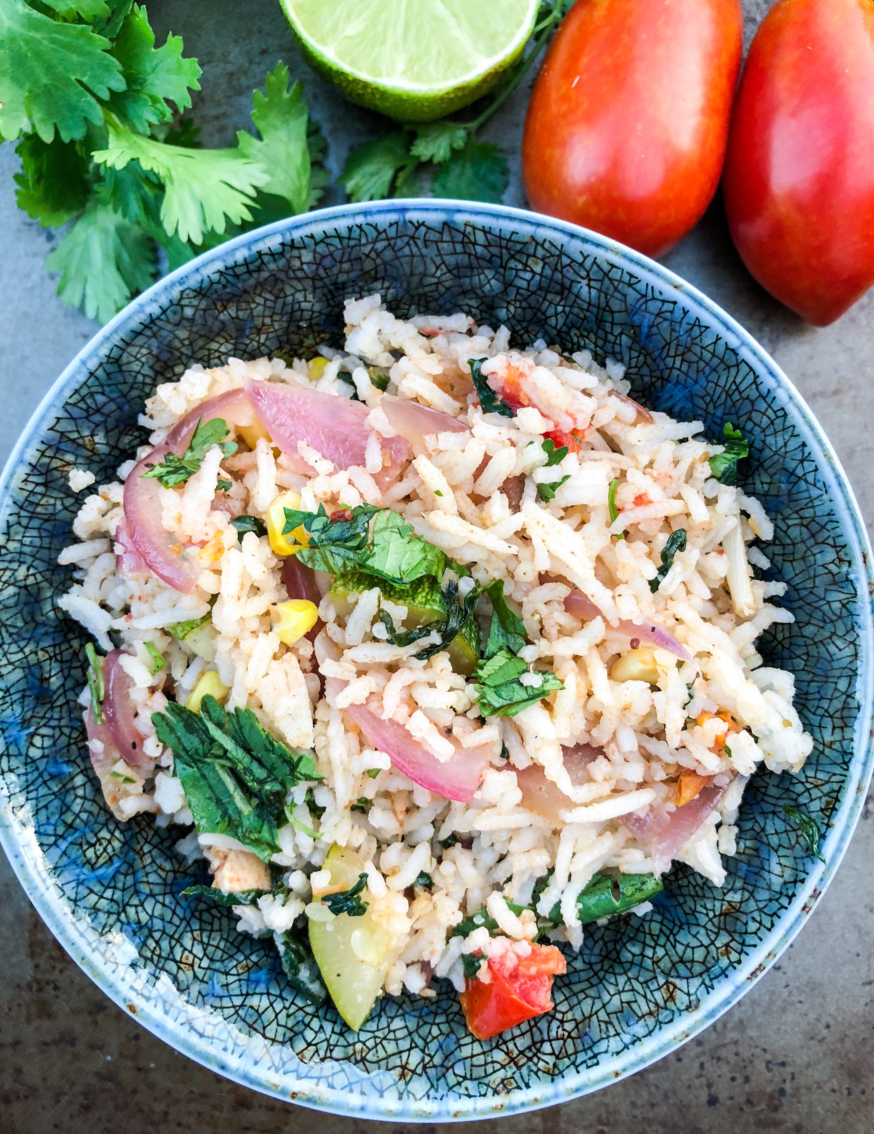 Indian style vegetable fried rice made using leftover cooked rice