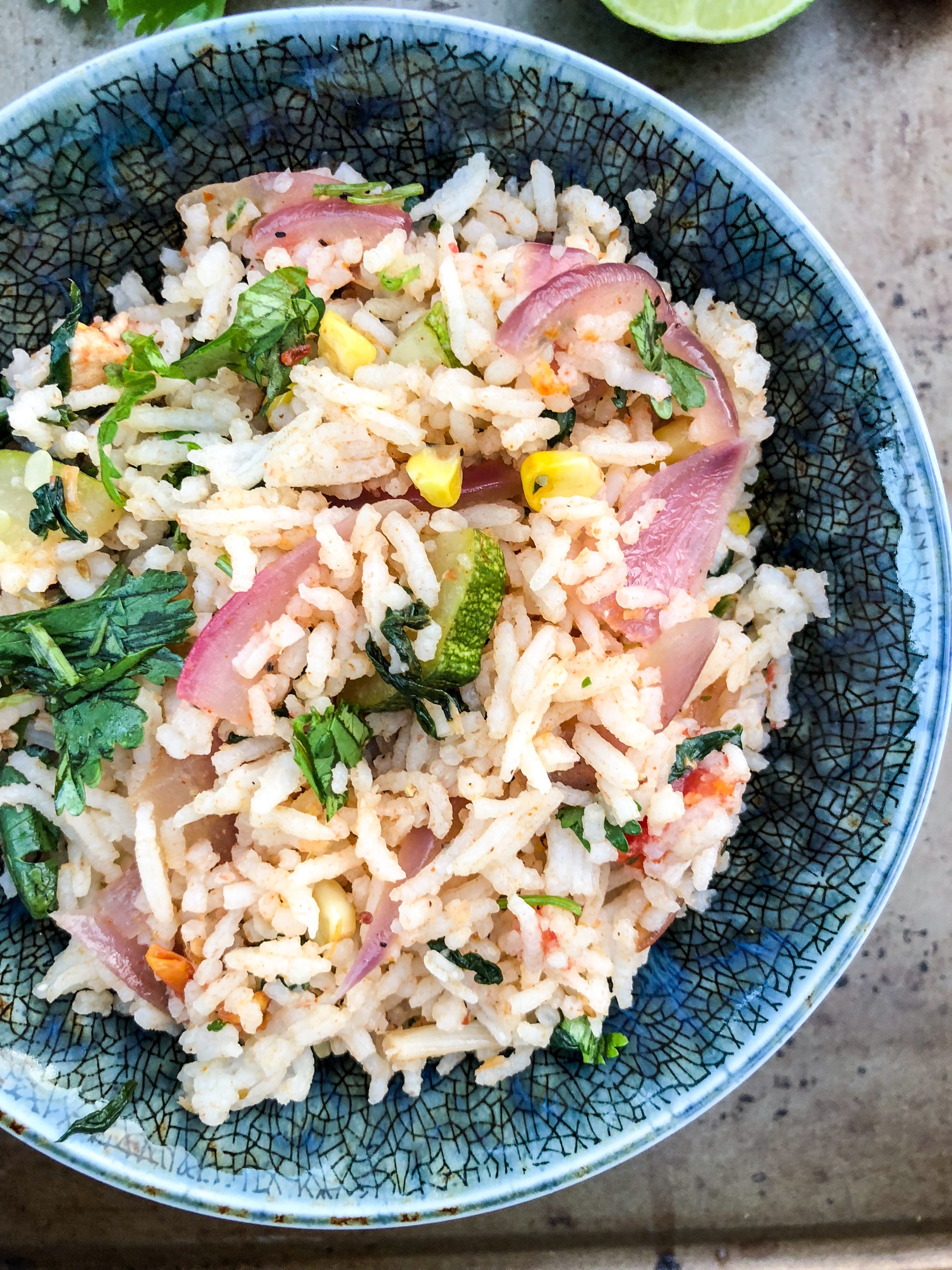Indian style vegetable fried rice made using leftover cooked rice