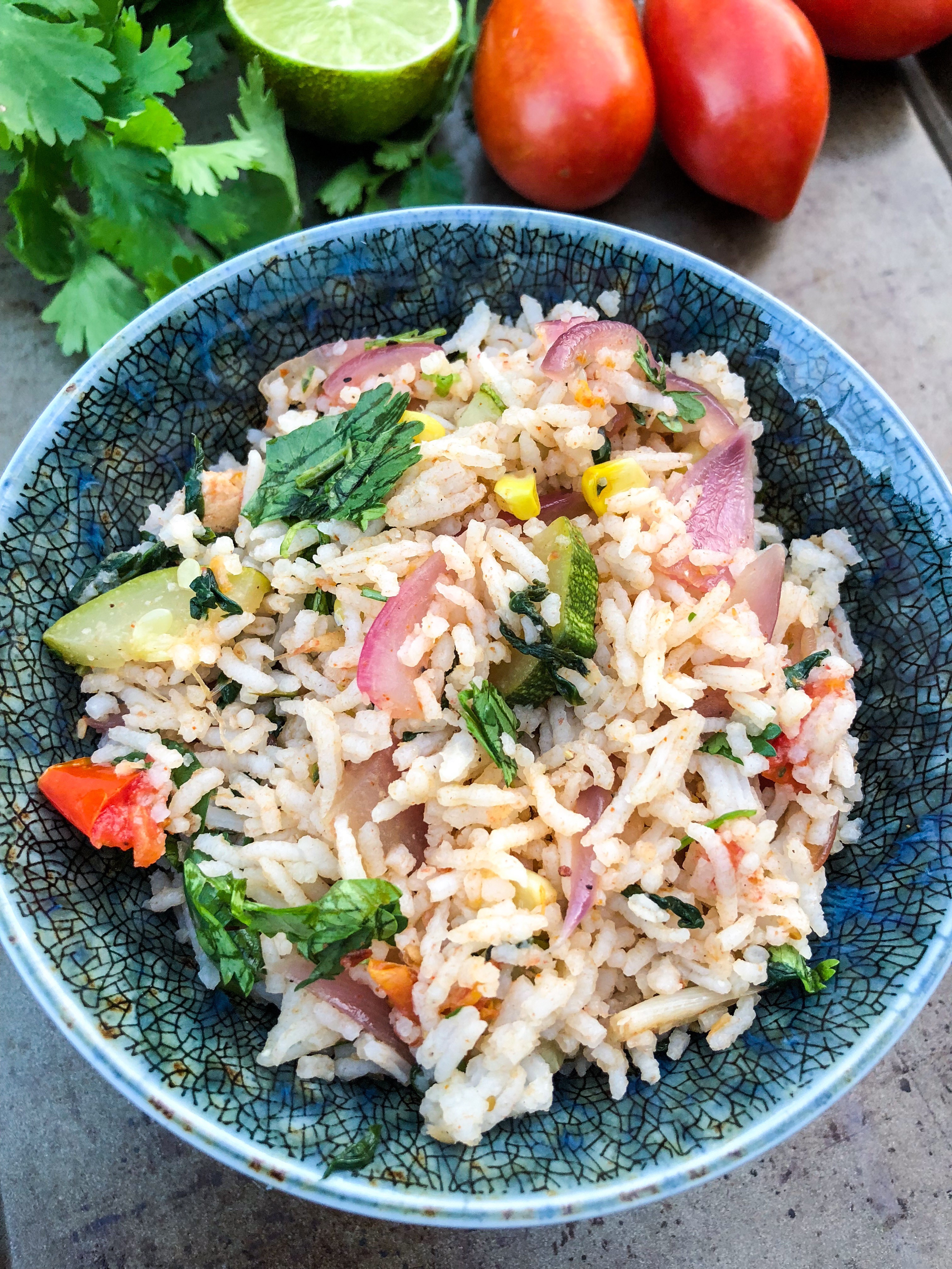 Indian style vegetable fried rice made using leftover cooked rice