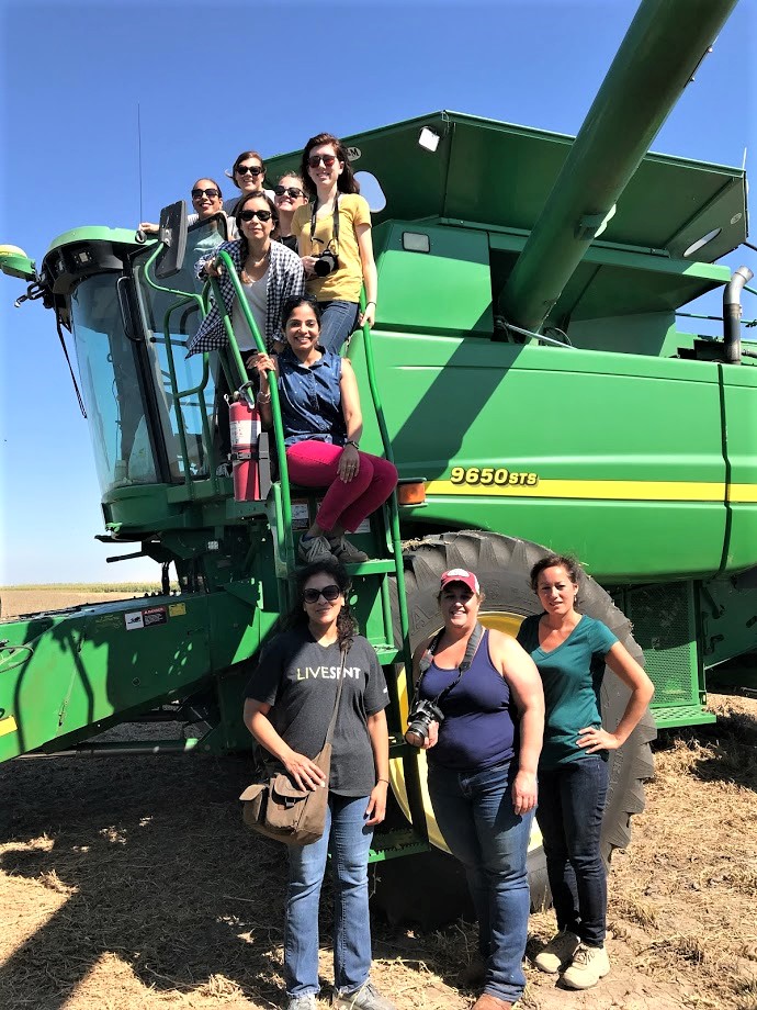 #TKF Kansas Farm Food Tour bloggers on a combine.