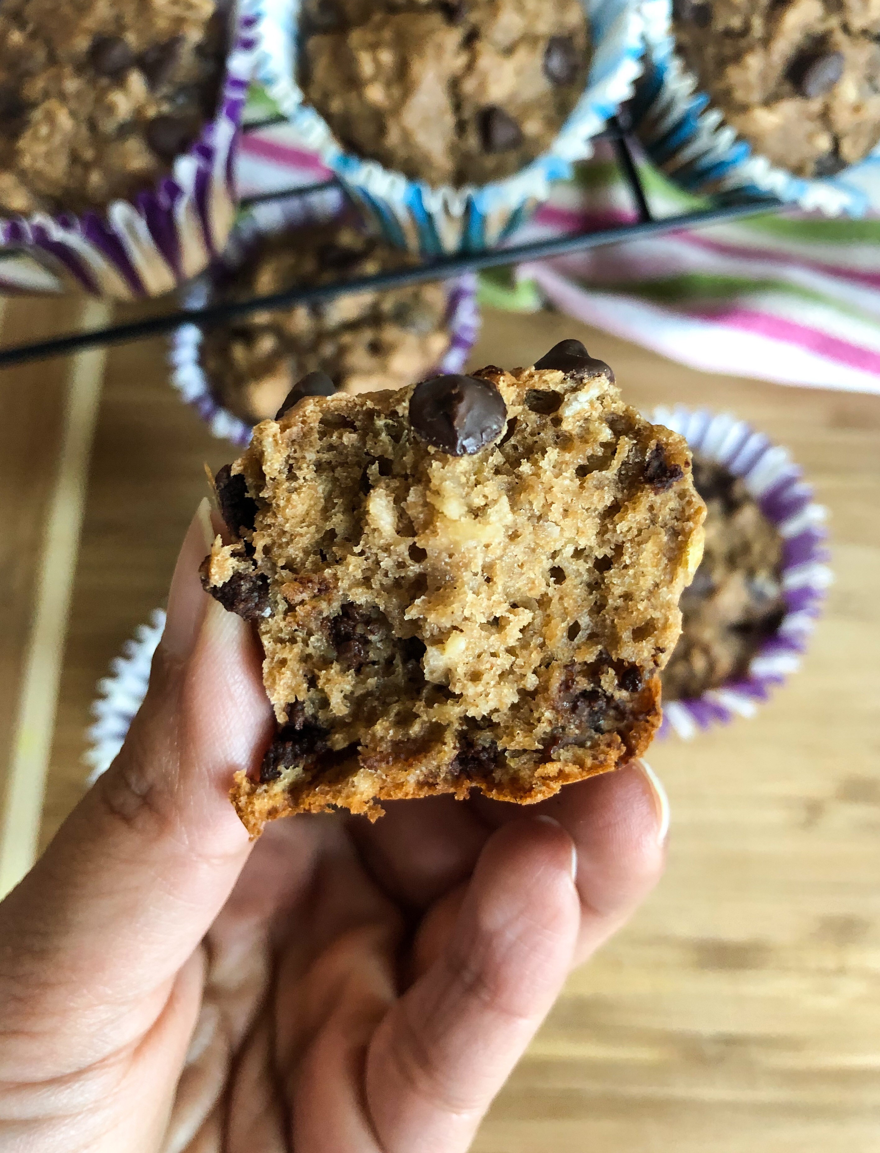Healthy chocolate chip banana and oat muffins made with whole wheat flour and greek yogurt
