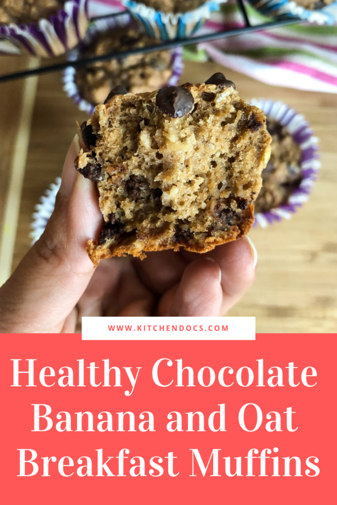 Healthy chocolate chip banana and oat muffins made with whole wheat flour and greek yogurt