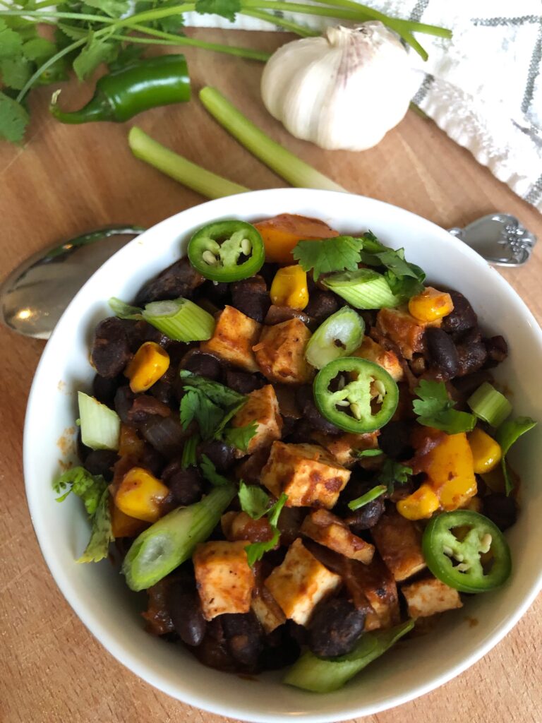 Barbecue Tofu Hash with black beans, corn and bell pepper