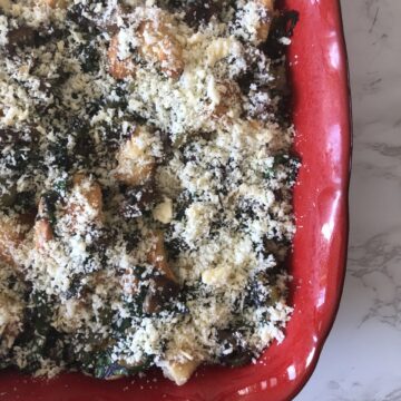 Vegetarian Mushroom and Croissant Bake with Kale and Cheese