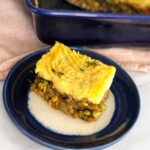 A slice of Vegetarian Shepherds Pie with Lentils and Indian Flavors