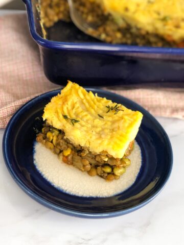 A slice of Vegetarian Shepherds Pie with Lentils and Indian Flavors