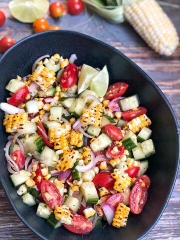 Cucumber and Fire Roasted Corn Salad with Indian Style Vinaigerette