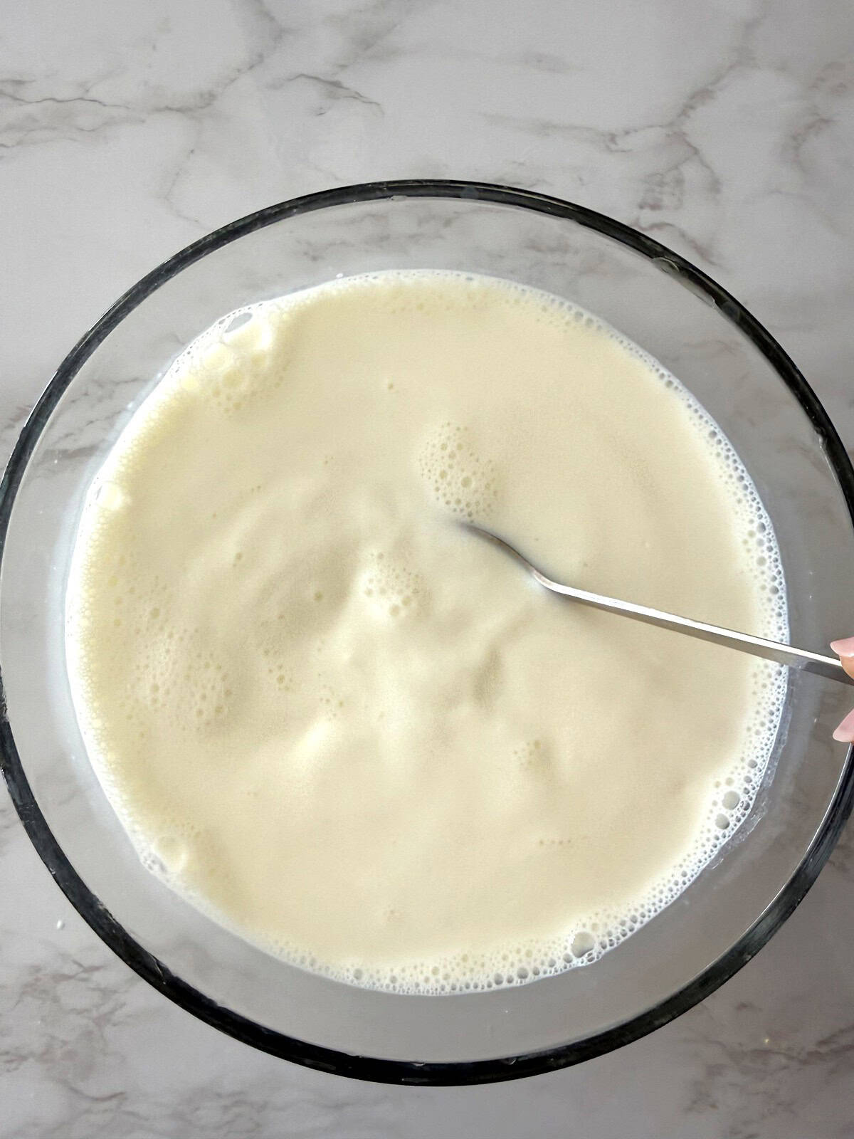 Stirring milk in a bowl to make Indian-style yogurt, or homemade dahi.