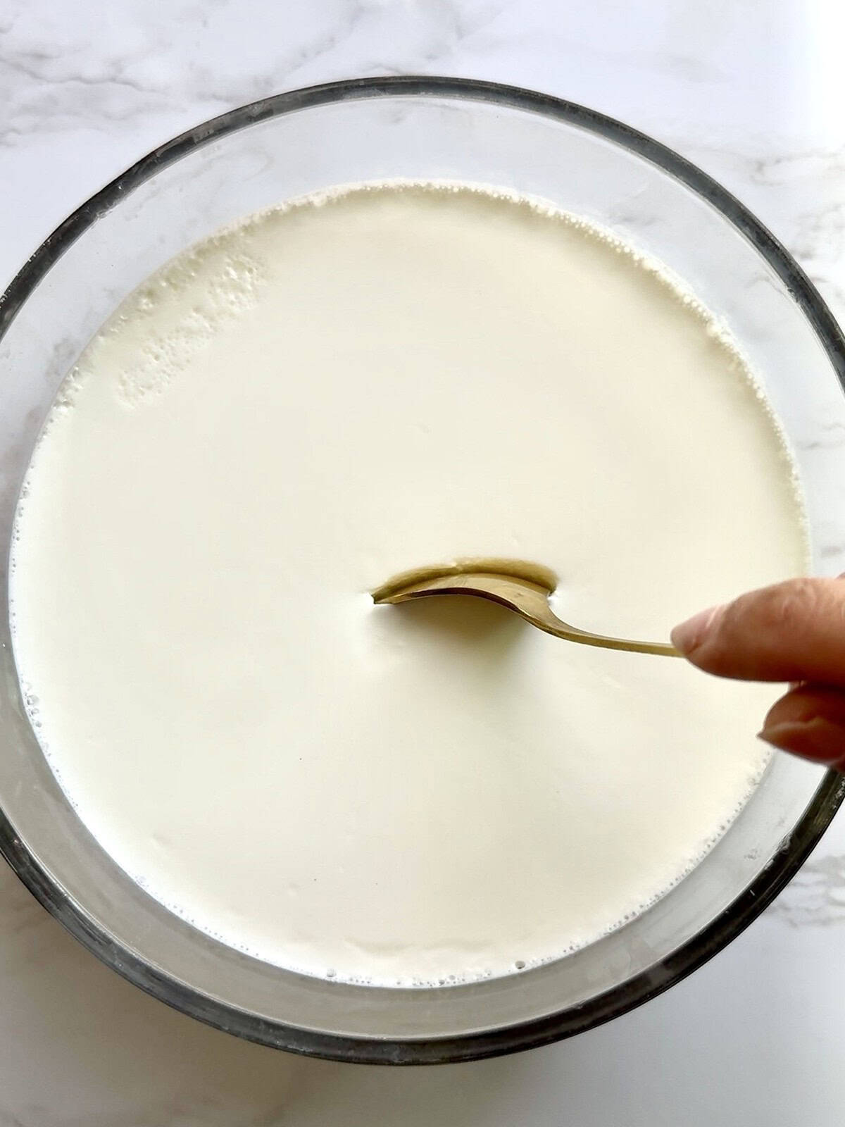 A golden spoon in a bowl of Indian-style yogurt, or homemade dahi.
