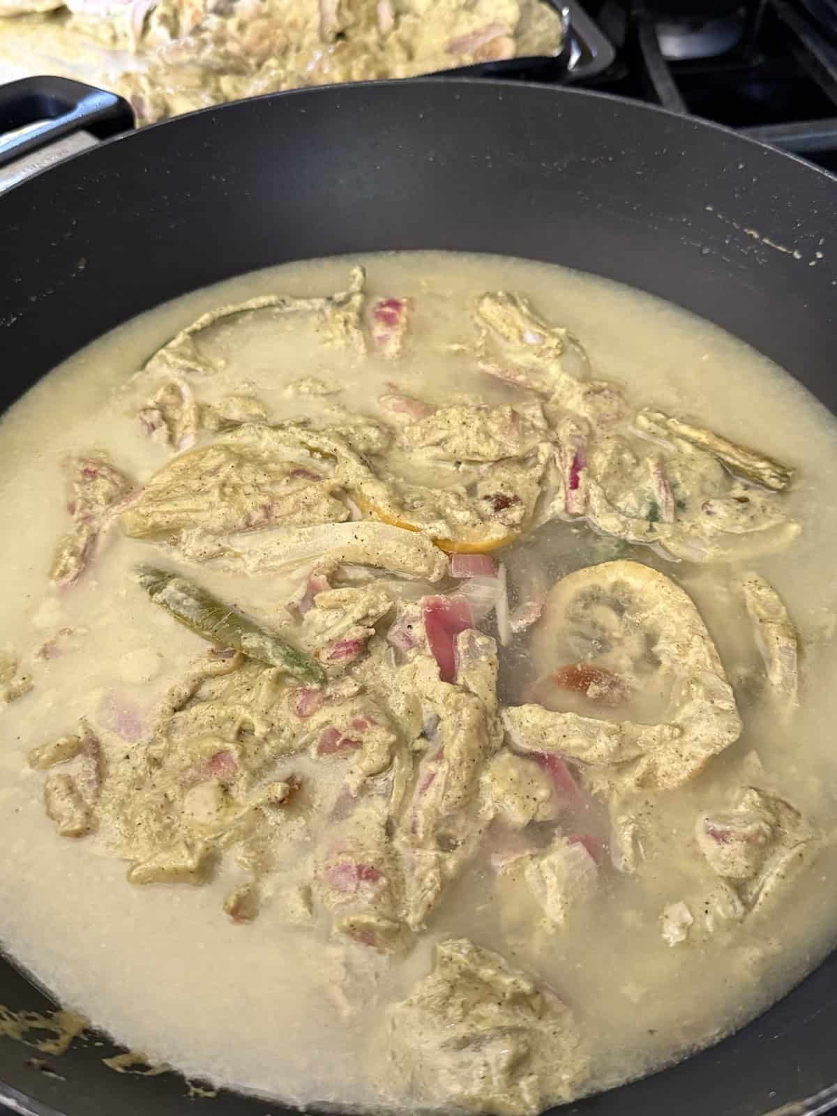 Water added to the afghani chicken sauce with sliced onions, lemons, green chilies and raisins.