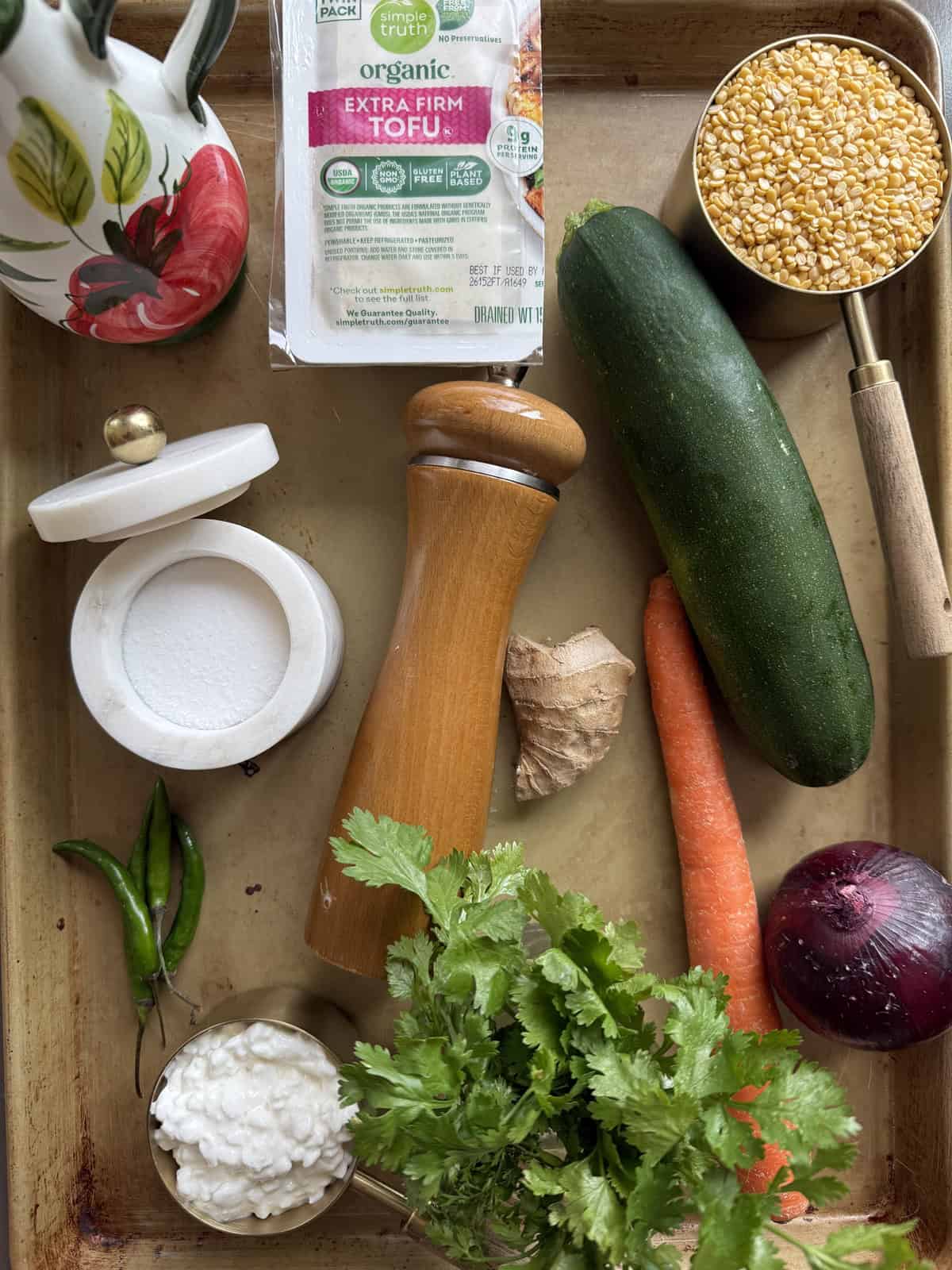 Ingredients for High protein moong dal cheela with cottage cheese and tofu.