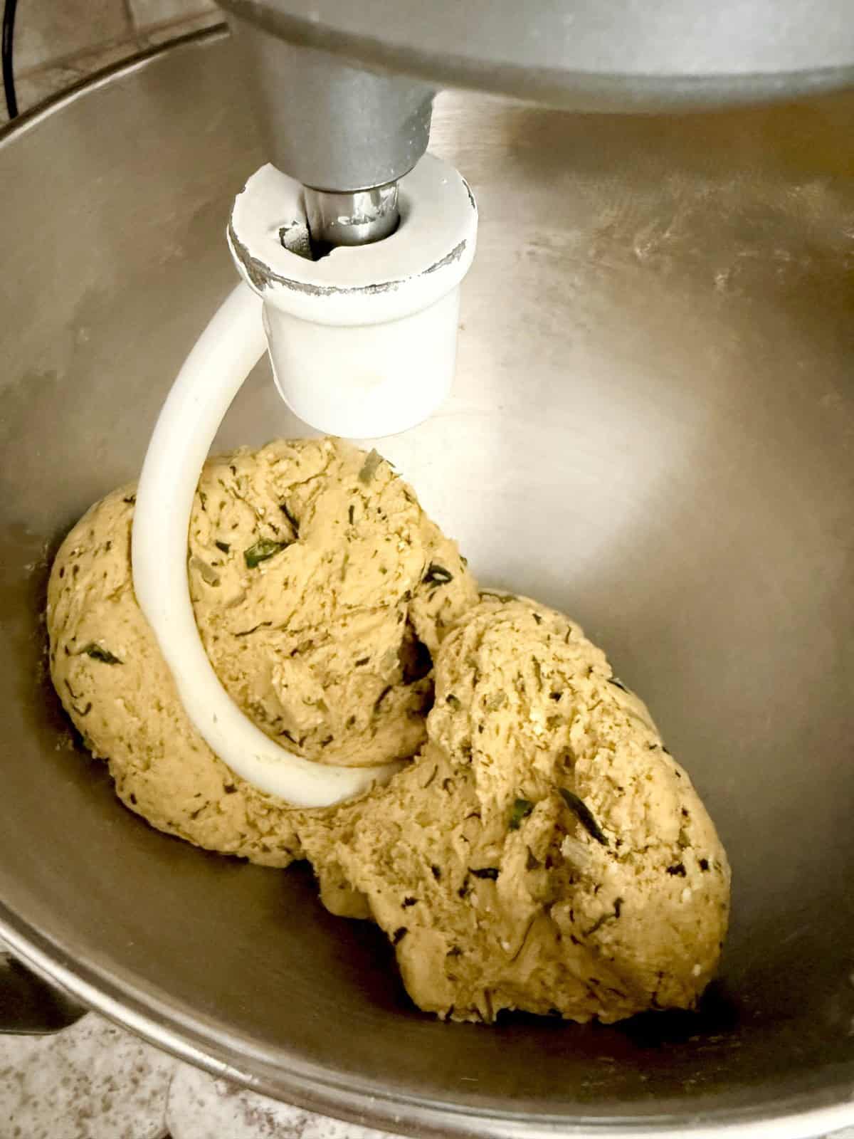 High protein tofu thepla dough in a stand mixer fitted with a dough hook.