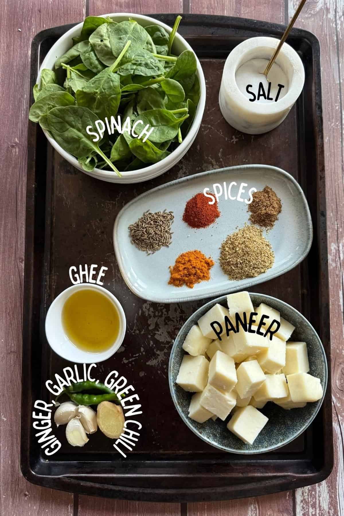 Ingredients of Palak Paneer including fresh spinach, spices, salt, ghee, garlic, green chili, and paneer on a kitchen tray.